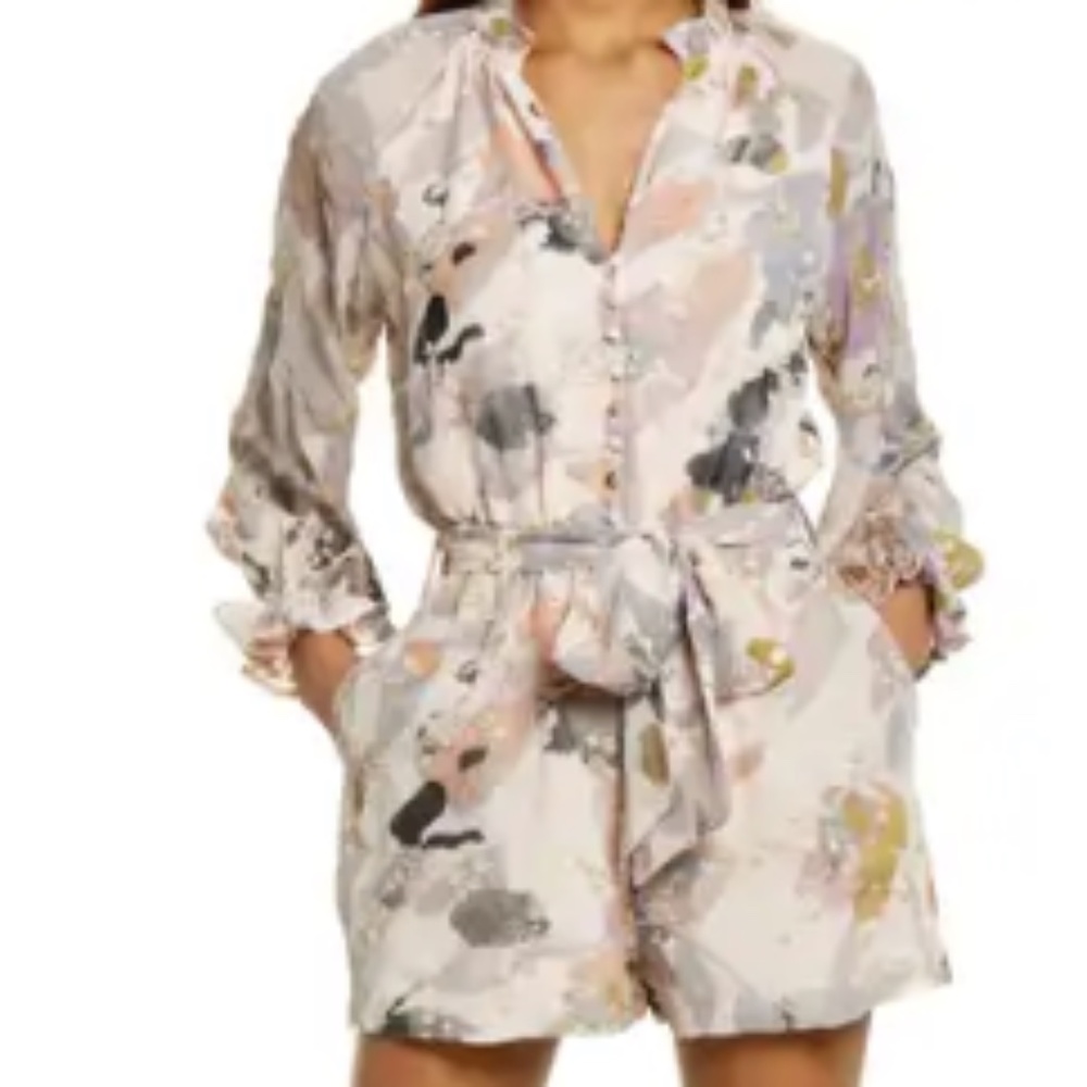 BTFL-life Metallic Embroidered Floral Long Sleeve Romper